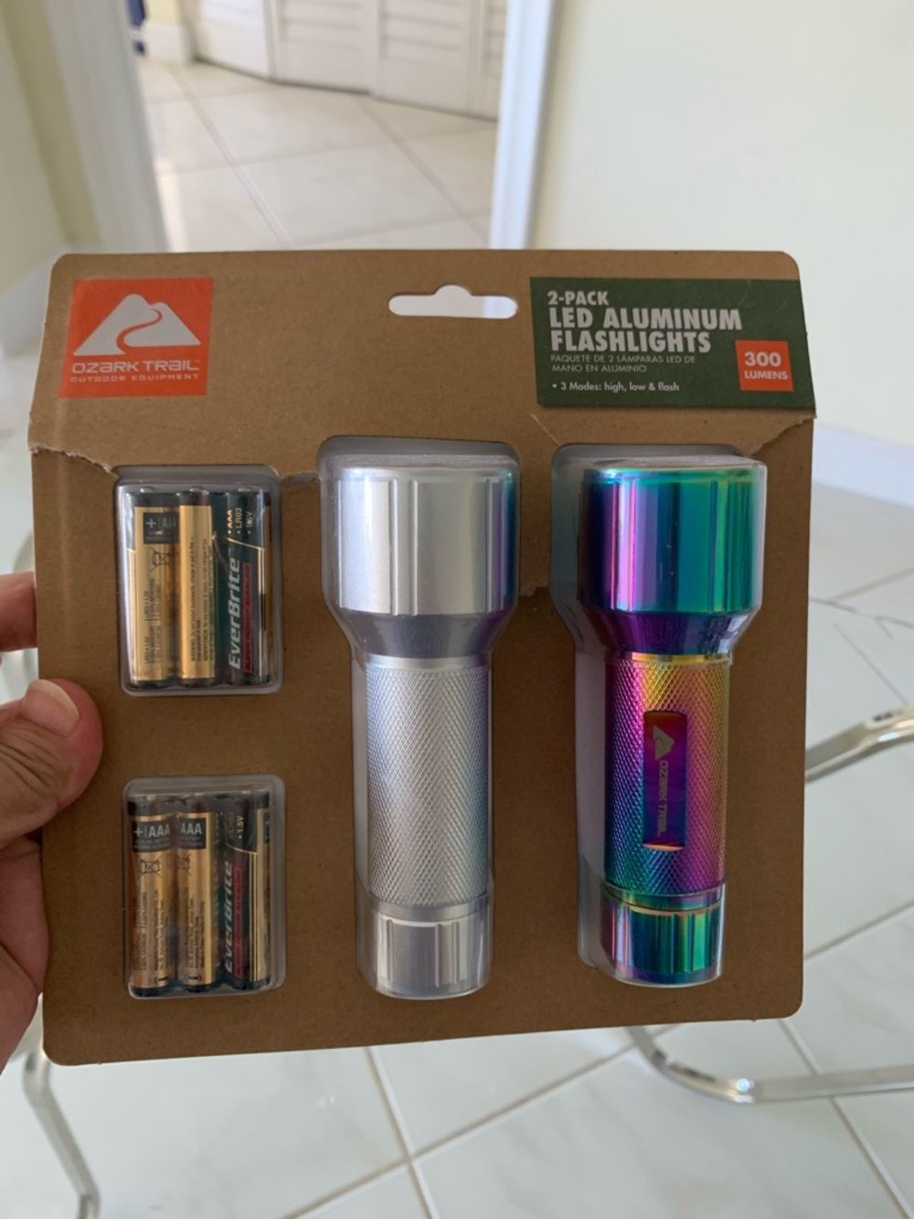 Ozark Trail Silver and Rainbow Aluminum LED Flashlight 2-Pack